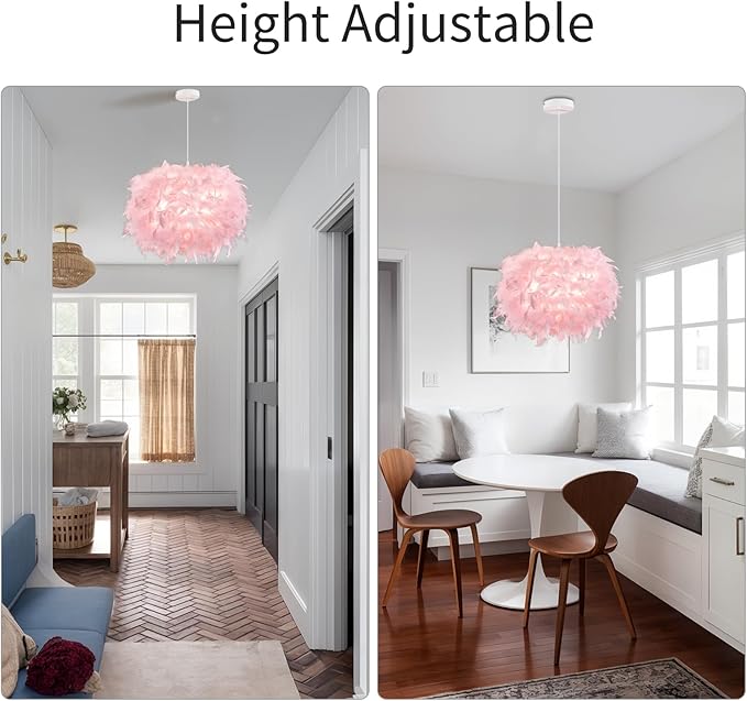 NZV 15.8in Pink Pendant Light Fixture Pink Feather Chandelier for Bedroom Feathers Lights Fixture Girls Room Romantic Hanging Ceiling Lighting for Kitchen Island Dining Room Foyer Hallway
