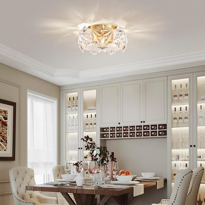 AGV LIGHTING CL058 Flushmount Ceiling Light Fixture, Close to Ceiling, Modern Design, 2-Lights, D9 x H5, Perfect for Living Room, Shield Shaped Glass Shade & Gold Finish Frame