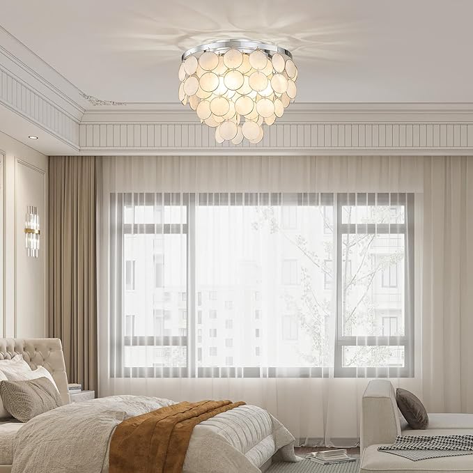 3-Light Capiz Shell Ceiling Light, Coastal Design Flushmount Light Fixture for Dining Room, Living Room, Bedroom, True Shell & Chrome Finish Frame