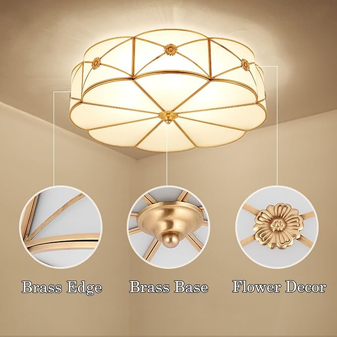 MIXL- Brass Flush Mount Ceiling Light, Flower Shaped 3-Light LED Ceiling Lamp, Frosted Glass Shade Modern Light, Close to Ceiling Light Decorative for Bedroom Living Room(13.77" W)