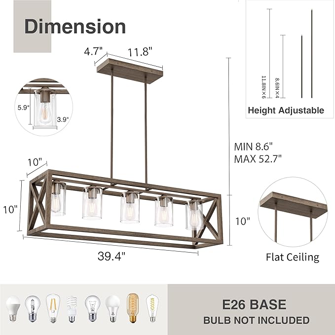 Espird Upgraded Burlywood Dining Room Light Fixture - 5 Light Rectangle Light Fixtures with Clear Glass Shade& Adjustable Height& Thickened Metal Dining Table Lights Fixture Chandeliers for DiningRoom