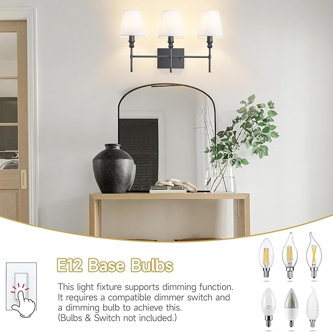 Vanity Lights For Bathroom,23.6 In Black Bathroom Light Fixtures Over Mirror,Vintage 3-Light Vanity Light With Flared White Fabric Lampshade For Bedroom,Hardwired Hallway Sconce Light,E12 Base