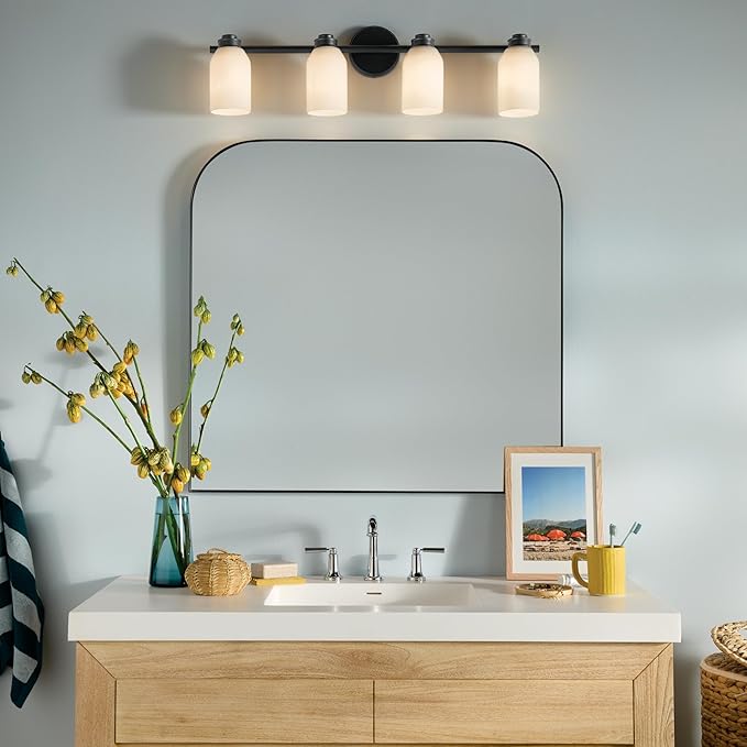 Kichler Shae 4-Light Bathroom Vanity Light Fixture with White Opal Glass, 32.25" Modern Vanity Light in Black for Bathroom Over Mirror (32.25" W x 9" H), 55203BK