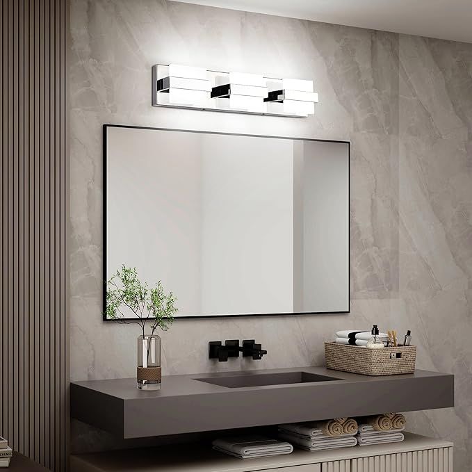 SOLFART 3 Lights Chrome Bathroom Vanity Light Modern LED Bathroom Light Fixtures Over Mirror Vaniy Light 20 inch White Light Dimmable