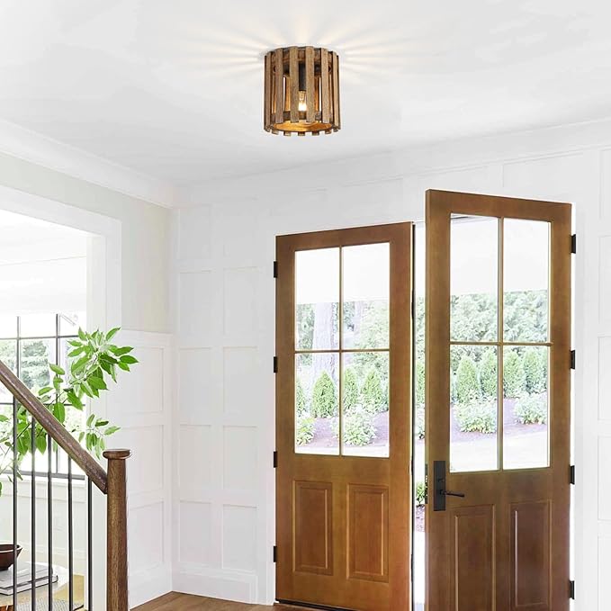 Rustic Farmhouse Ceiling Light, Wood Cage Mini Flush Mount Light, Hallway Light Fixtures for Entryway for Kitchen, Dining Room, Brown