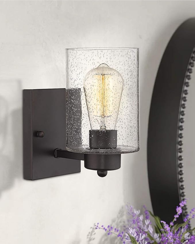 Beionxii Wall Light Fixture | 2 Pack Interior Wall Sconce in Oil Rubbed Bronze with Clear Seeded Glass (8.5" H x 4.7" W) - MB9002 Series