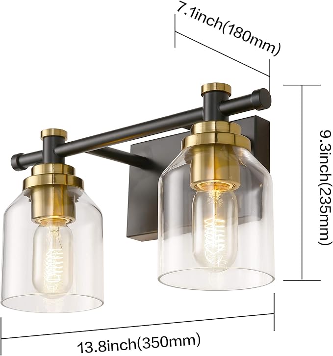 SOLFART Vintage 2 Lights Wall Lighting Bathroom Vanity Light Vintage Black Brass Sconce Light Fixtures Black Metal with Clear Glass