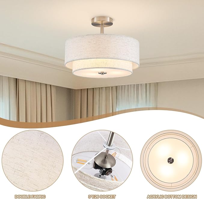 BUXVRCS Semi Flush Mount Ceiling Light Fixture, 3-Light Double Drum Lighting Fixtures with Fabric Shade, 16" Modern Light Fixtures Ceiling Mount Close to Ceiling Light for Bedroom (Brushed Nickel)