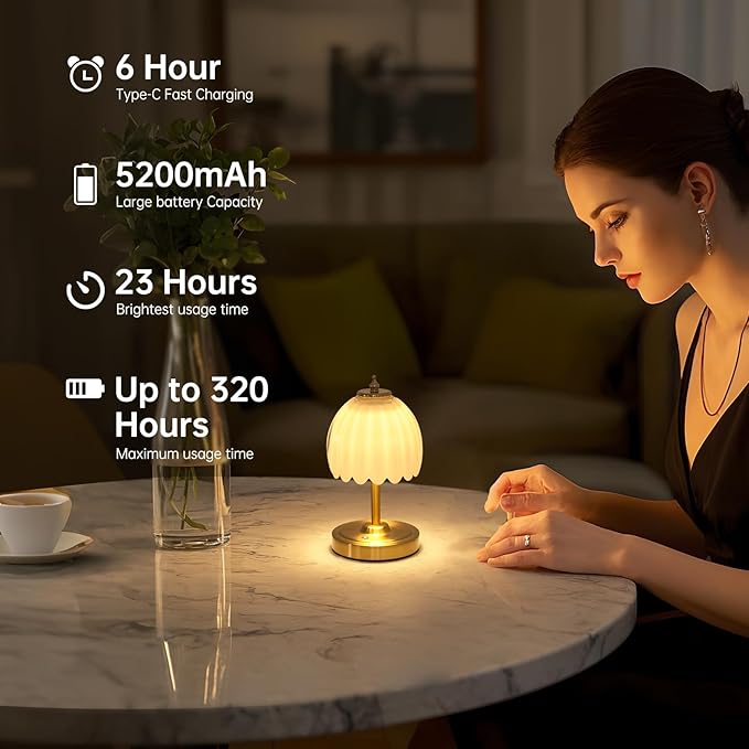 Shenmoyl Tulip Small Table Lamp, 5200mAh Cordless Touch Control Mini Table Lamp with 3 Color Temps & Stepless Dimming, Perfect for Small Spaces Like Dressers, Bedsides, Bookshelves (White Tulip)