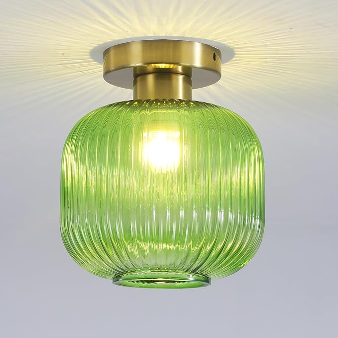 BOKT Modern Semi Flush Mount Ceiling Light with Green Glass Shade Minimalism Gold Ceiling Light 7.9 Inch Close to Ceiling Lamp for Corridor Kitchen Living Room