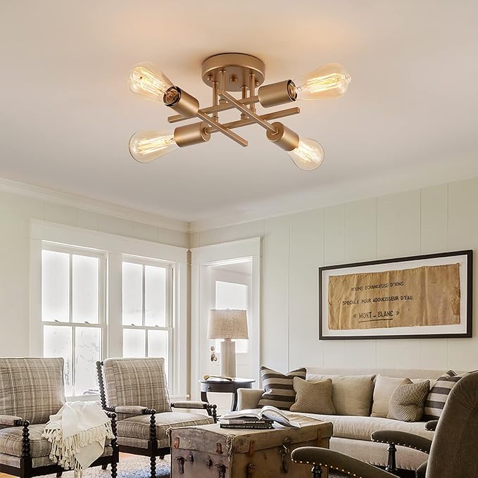 AIHYING 4-Light Semi Flush Mount Ceiling Light, Gold Mid-Century Industrial Farmhouse Chandelier Light Fixtures for Hallway Entryway Bedroom Kitchen Dining Room Porch Laundry Room UL Listed