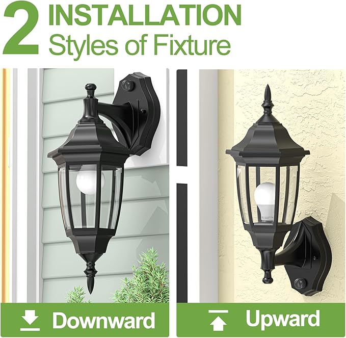 EMART Dusk to Dawn Plastic Outdoor Wall Light Fixtures with Bulbs, Waterproof and Anti-Corrosion Porch Sconces, Exterior Lanterns Wall Mount Lamp for Outside, Garage, Front Door, Patio, 2 Pack, Black