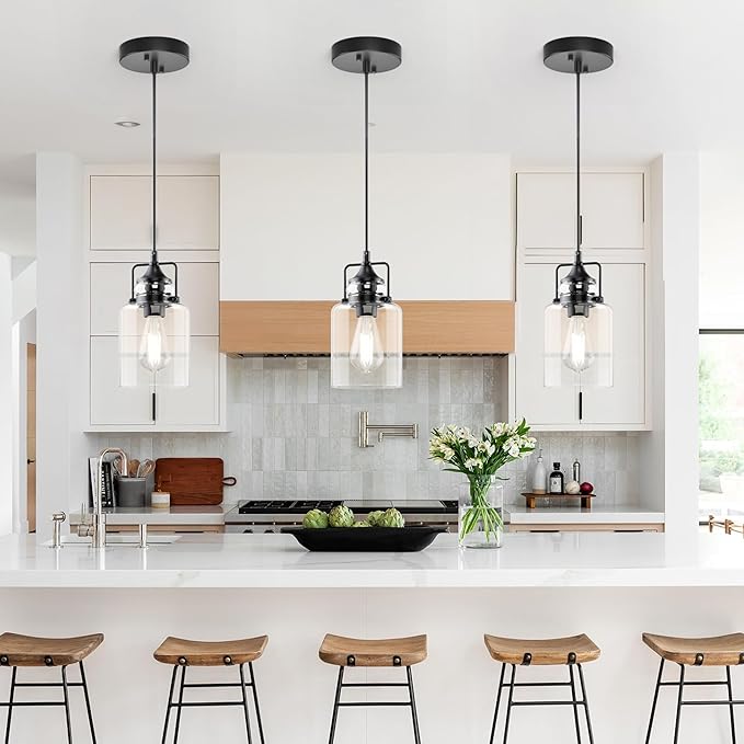 hansang 3 Pack Pendant Lights for Kitchen Island, Modern Black Hanging Light Fixture, 47Inches Island Lights, Adjustable Rope, Farmhouse Clear Glass, E26 Base, Bulbs Not Included