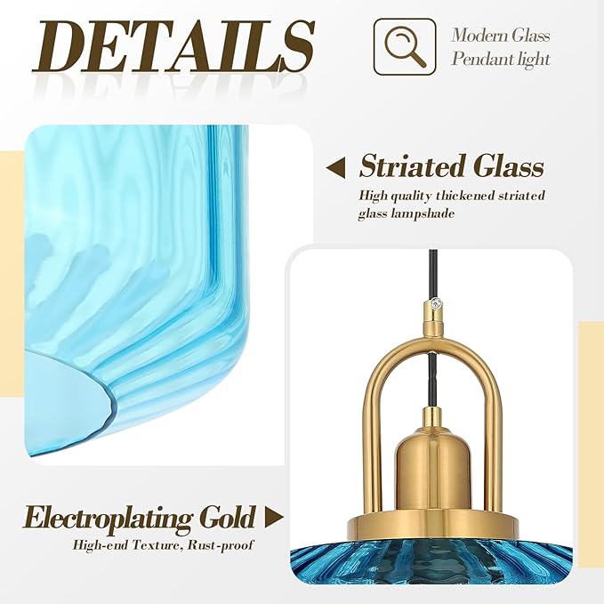 11.8in Mid Century Modern Blue Glass Pendant Light Fixture, Large Gold Kitchen Island Pendants Light Glass Ceiling Hanging Lamp for Foyer Dining Room Bedroom Entryway Hallway Over Sink