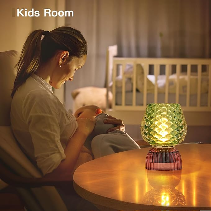 Battery Operated Lamp with Timer, Cute Small Cordless Glass Table Lamp for Home Decor, Kitchen, Bathroom, Birthday Gift for Women, Pinecone, Green