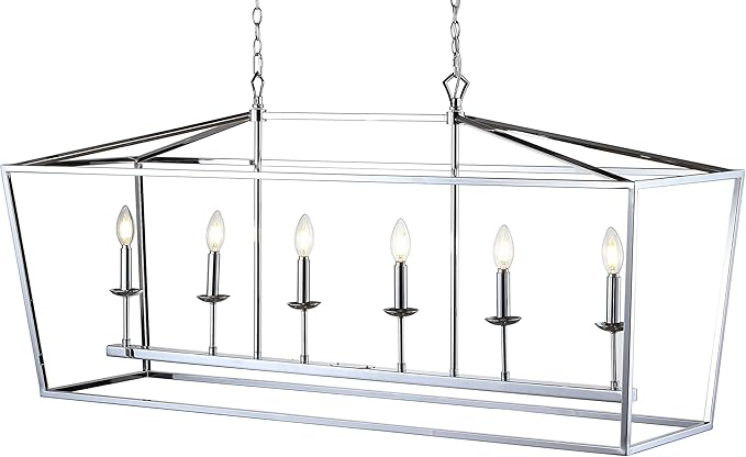 JONATHAN Y 49" Chrome Lantern Pendant Light, 1-Light Pagoda Style Metal Cage Farmhouse Hanging Ceiling Fixture for Kitchen Island, LED Bulb Included (JYL7439C)