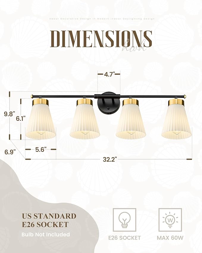 4-Light Bathroom Light Fixture, HWH 32 Inch Vanity Lights Over Mirror, Modern Sconce Wall Lighting with Frosted Milk White Striped Glass, Black and Gold Finish, 5HZG97B-4W BK+BG