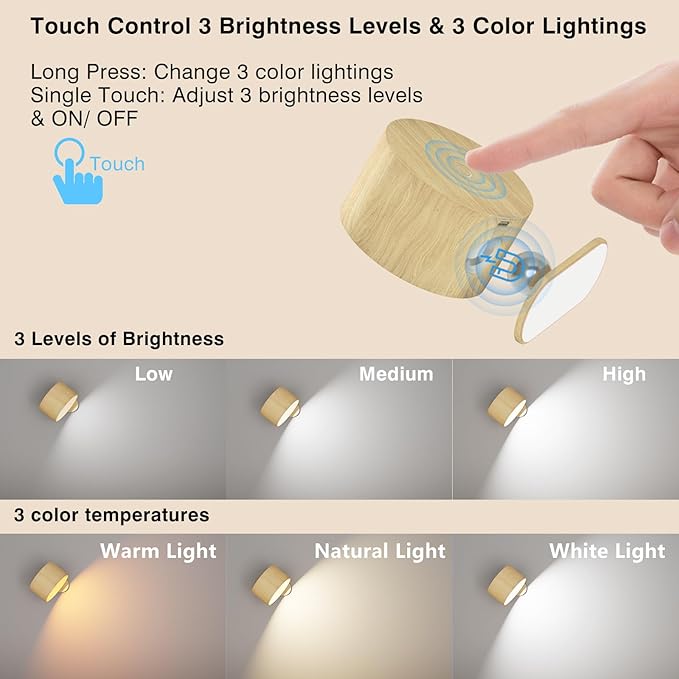 AKSDA Battery Operated Wall Light, LED Wall Sconce with 3 Color Modes, 3 Brightness Levels, 360 Rotation, Touch Control, Cordless Wall Lamp for Bedroom, Reading, Bedside - 1 Pack