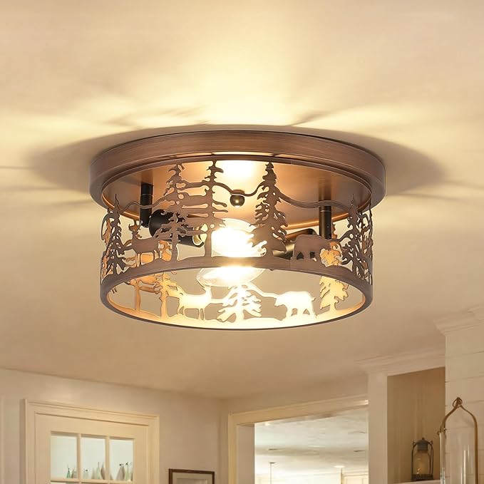 Rustic Bear Flush Mount Ceiling Light Fixture, 11" Brushed Bronze Round Farmhouse Vintage Industrial Metal Cage Light, Perfect for Kitchen, Dining Room, Foyer Entryway, Cabin, Loft Lighting