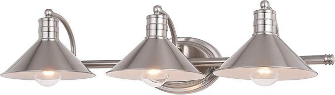 VAXCEL Akron 3-Light 28 inch Wide Satin Nickel and Matte White Farmhouse Bathroom Vanity Lighting Fixture, Metal Shade, Dimmable, LED Compatible, Over The Mirror Mounted Steel Wall Sconce