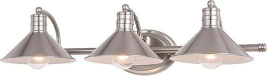 VAXCEL Akron 3-Light 28 inch Wide Satin Nickel and Matte White Farmhouse Bathroom Vanity Lighting Fixture, Metal Shade, Dimmable, LED Compatible, Over The Mirror Mounted Steel Wall Sconce
