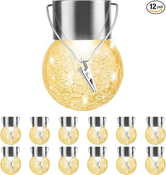 Solar Outdoor Lights Decorative 12 Pack, Hanging Solar Garden Lights Waterproof, Solar Powered Globe Cracked Glass Ball Lantern for Yard Patio Fence Tree Umbrella Holiday Decoration, Warm White