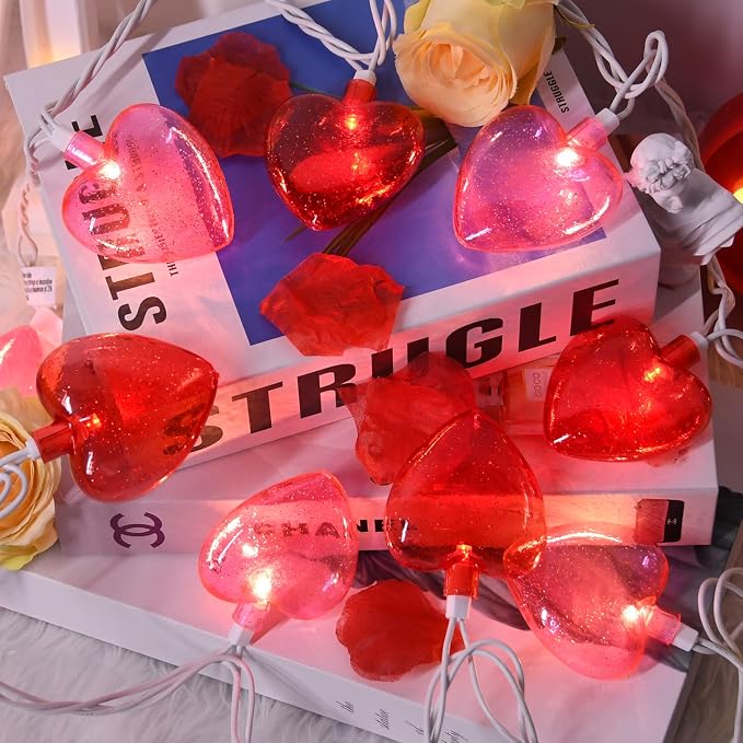 8.5Ft Red & Pink Heart String Lights, Valentine's Day Decorations Light with 10 LED Red Pink Glitter Heart Lights, Connectable Romantic Fairy Light for Wedding Valentine Anniversary Party Decor