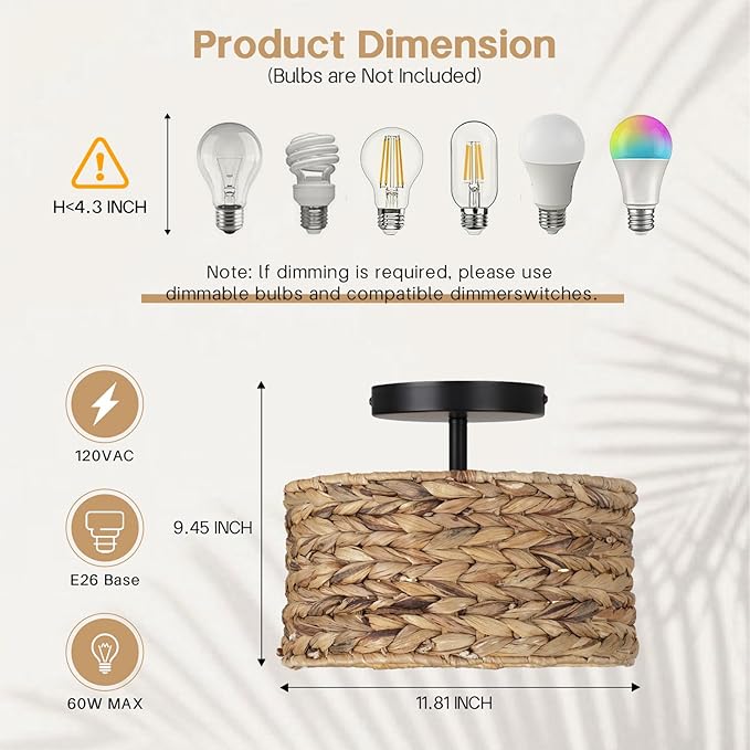 Boho Light Fixtures,11.8'' Rattan Semi Flush Mount Ceiling Lights Fixture，Farmhouse Drum Ceiling Light for Hallway Bedroom Kitchen Nursery Entryway