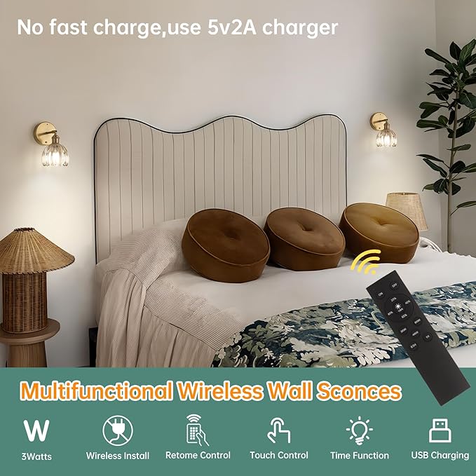 Shenmoyl Battery Operated Vintage Wall Sconces with Amber Tulip Glass Lampshade Battery Powered Wall Lighting for Bedside Bedroom Doorway, Set of 2