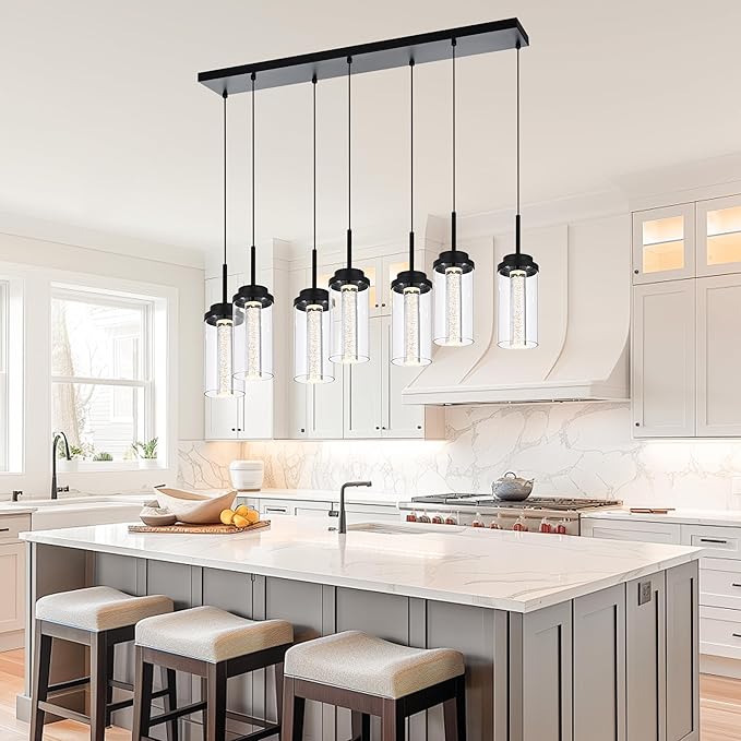 MELUCEE 7-Light Linear Kitchen Island Lighting Fixture, Dimmable Mordern LED Pendant Light with 5 Color Temperature, 30in Black Led Chandelier for Dining Room Kitchen Island, 3000K-6000K, 35W