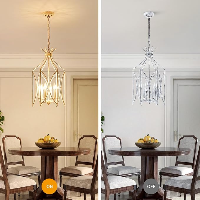 WUZUPS Lantern Pendant Chandelier Rustic Metal Cage Light Modern Lighting Fixture for Kitchen Diningroom Bathroom Livingroom, H 25.4" x W 14.2", E12 Base, Anqitue Whiute