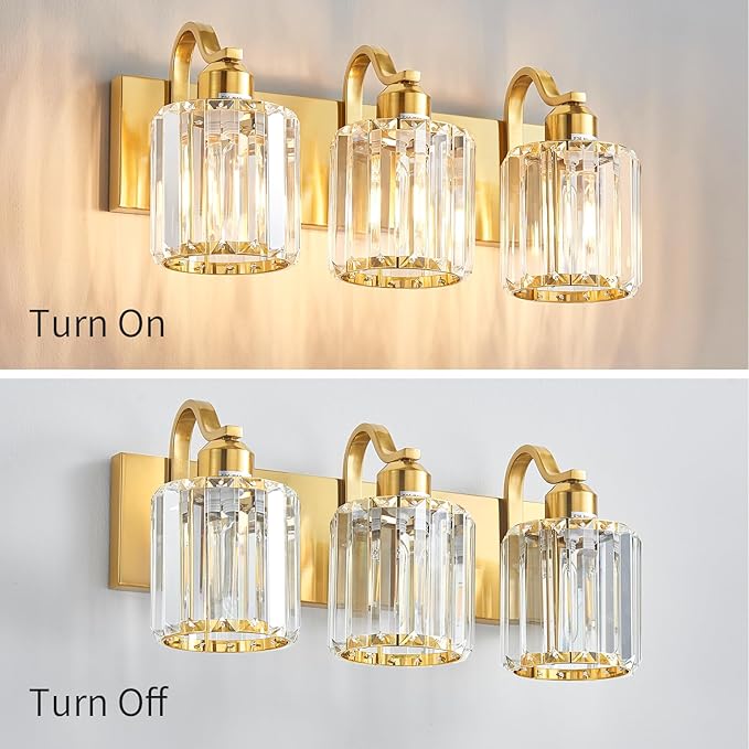 3-Light Gold Bathroom Light Fixtures,Modern Bathroom Vanity Lights Fixture with Clear Crystal Glass Shade, Modern Crystal 3 Lights Wall Sconce (Exclude Bulb)