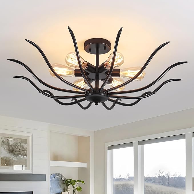 31.5" Semi Flush Mount Black Ceiling Light Fixture, 6-Light Modern Ceiling Living Room Light Fixture, Large Farmhouse Chandelier Dining Room Kitchen Bedroom Entryway Hallway Foyer Light Fixture