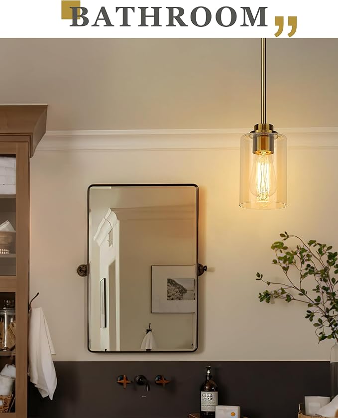 Brass Pendant Lights Kitchen Island 2 Pack, Farmhouse Gold Pendant Lighting with Clear Glass Shade, Mini Hanging Light Fixture for Kitchen Sink Dining, AD-22281-1P2-GD-C