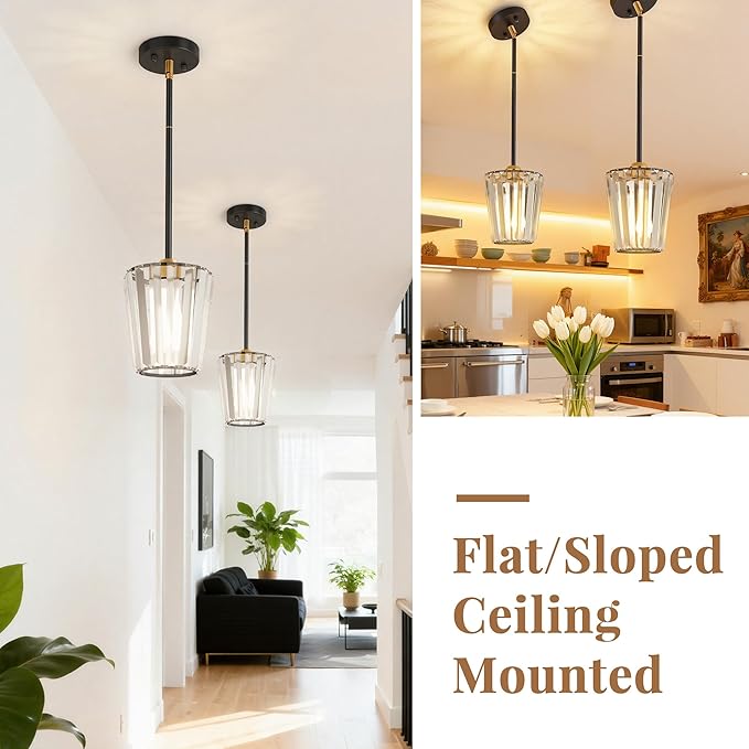 Crystal Pendant Lights Kitchen Island 2 Pack, Modern Black Gold Pendant Light Fixtures Mini Adjustable Chandeliers for Kitchen Island Dinning Room Bedroom Hallway with E26 Base (Bulbs Not Included)
