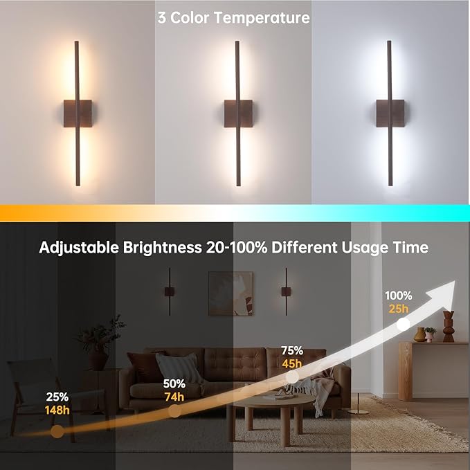 Shenmoyl Battery Operated Wall Sconce Set of 2, 8000mAh Rechargeable Wall Sconces, 3000K-6000K Dimmable, 350°Rotate, Indoor Wall Lights for Bedroom Living Room Bathroom, Black Walnut, 23.6 Inch