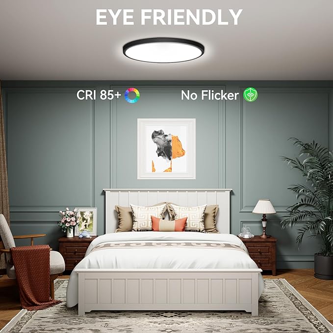 hunhun 20 Inch Dimmable 50W 5200M LED Flush Mount Ceiling Light Large Ceiling Light Fixture,3000K/4500K/6000K Selectable,Ultra Thin Flat Ceiling Lamp for Kitchen, Bedroom, Living Room (Black, 1Pack)