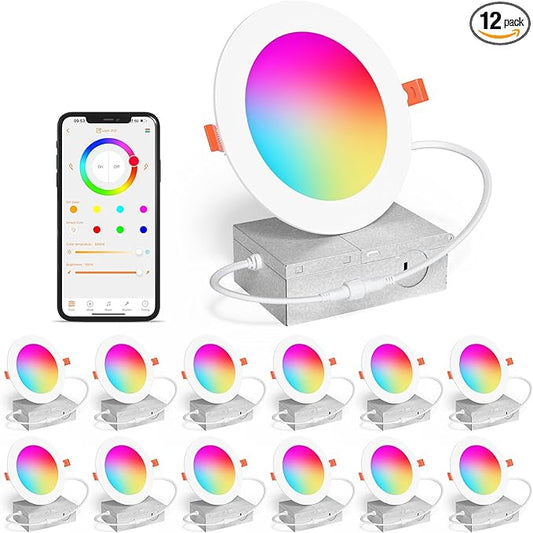 SikSog Smart Recessed Lighting 4 Inch RGBCW Color Changing 12W LED Downlight with Junction Box,1080 Lumen Recessed Ceiling Light Compatible with Alexa,Dimmable by Bluetooth Control -12Pack