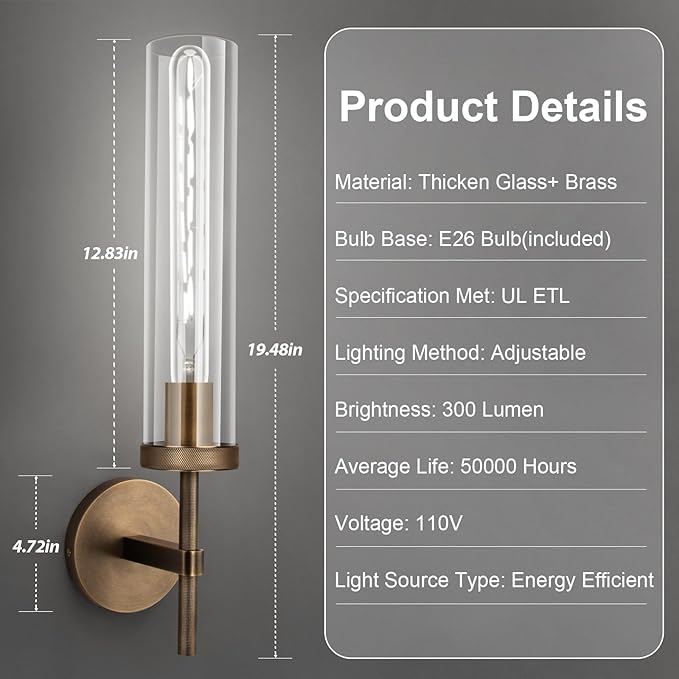 Bronze Wall Sconces Set of Two with White Lights, 19.5'' Brushed Brass Knurled Bathroom Sconces Wall Lighting Vanity Light with Clear Glass for Living Room Mirror Bedroom Stairs