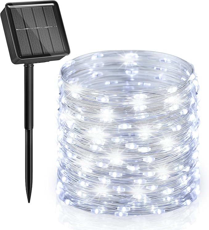Minetom Solar String Lights for Outside, 33Ft 100 LED Outdoor Solar Fairy Lights, 8 Modes Balcony Lights for Tree Patio Christmas Party Wedding Decor (Pure White) | IP65 Waterproof Twinkle Lights with 8 Modes Outdoor & Indoor, Patio Lights for Tree Gar...