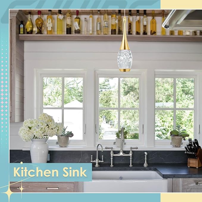 CHYING LED Pendant Light Kitchen Island Bubble Crystal Pendant Lighting Gold Mini Hanging Light Fixture for Dining Room Bathroom Bedroom Bar 6000K