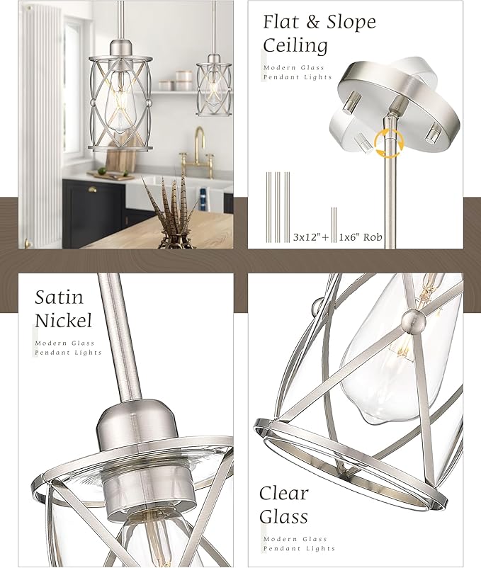 Brushed Nickel Pendant Lights Kitchen Island 2 Pack, Mini Glass Pendant Light Fixtures with Clear Glass, Modern Hanging Lighting for Kitchen Sink Dining Room Bathroom, CH9176BN-2PK
