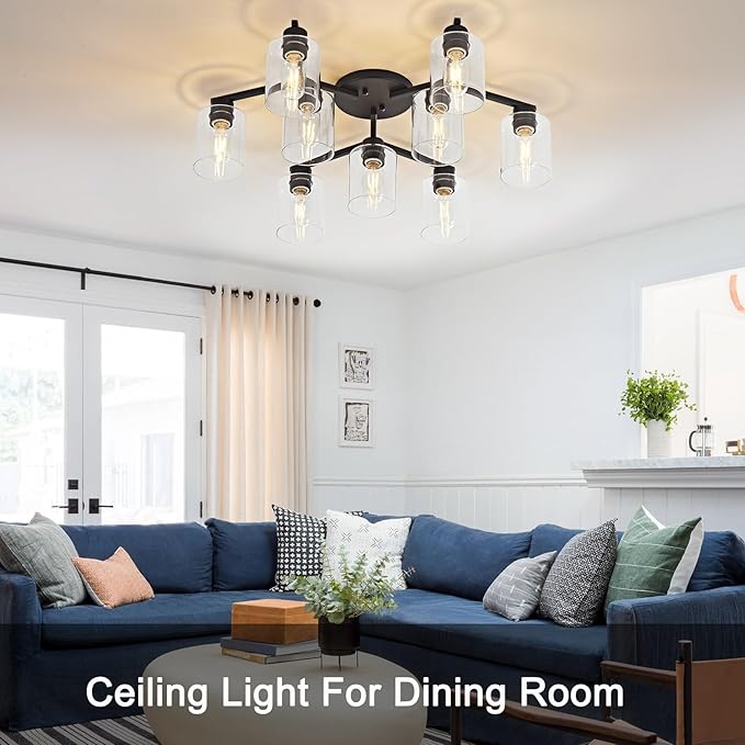 9 Light Kitchen Lighting Fixtures Ceiling Black Semi Flush Mount Ceiling Light Fixture Large Living Room Lighting Cieling Lamps for Dining Room Living Room Light Fixture with Clear Glass Shades