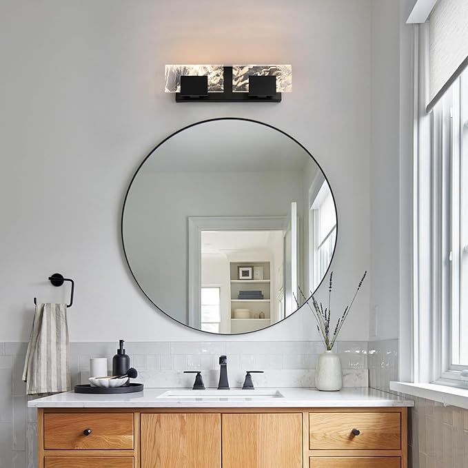LED Bathroom Vanity Light: 16in Matte Black Acrylic Modern Lighting Fixtures - 2-Light Contemporary Smoke Design Wall Lights Fixture Over Mirror 3000K