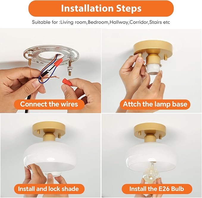 Semi Flush Mount Ceiling Light, Mid Century Modern Gold Light Fixture with Milk Glass Shade 8.66''Vintage Ceiling Lamp for Entryway Hallway Foyer, Laundry Room, Schoolhouse