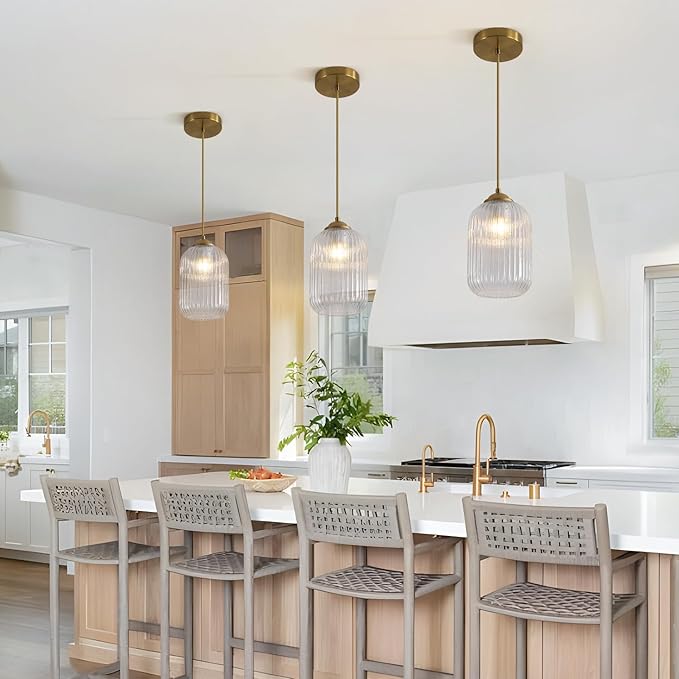 1 Light Mid Century Brushed Gold Pendant Lights Kitchen Island Modern Pendant Ceiling Light Clear Glass Hanging Lamp Mini Vintage Brass Hanging Light Fixture for Dining Room Bedroom MPL30-A