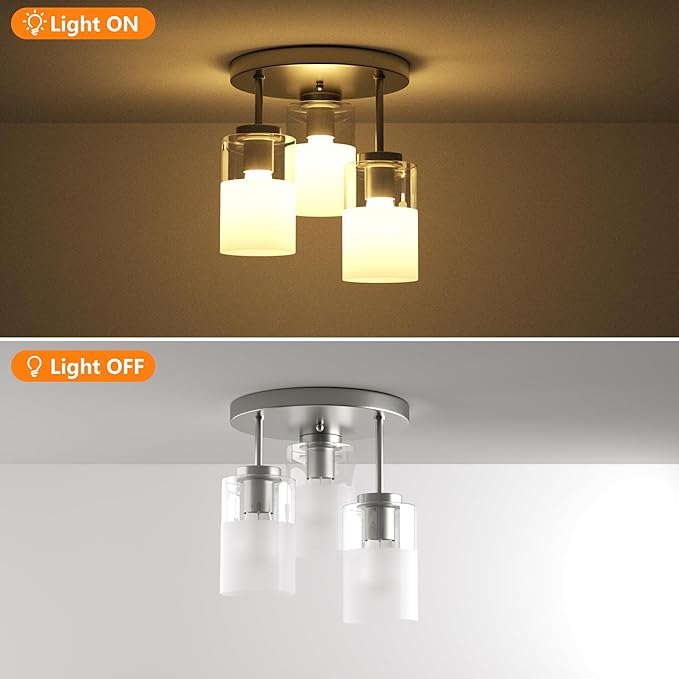 Maxax 3-Lights Nickel Semi Flush Mount Ceiling Light Fixture, 11.5" Modern Farmhouse Light Fixture with Clear Frosted Glass, E26 Base, for Kitchen, Foyer, Hallway, Entryway, Bedroom, Stairs