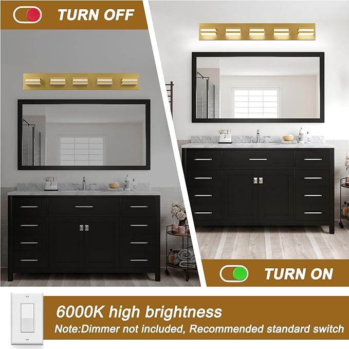 IZORRO LED Modern Bathroom Lights Fixtures(5-Light,Dimmable,360°Rotate),Brushed Glod Acrylic Wall Lighting,Vanity Lights for Bathroom Over Mirror - 6000k 30In （No Assembly Required）