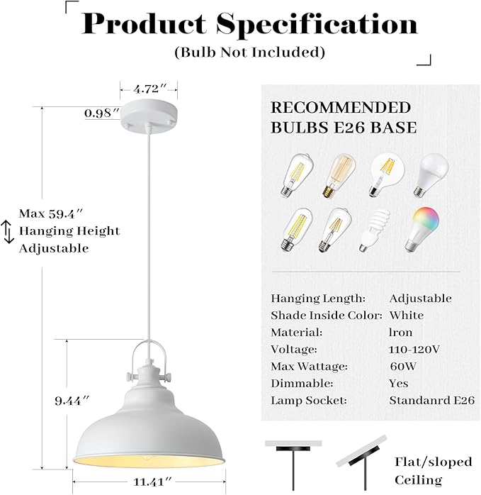 White Pendant Lights Kitchen Island, 2 Pack Kitchen Island Lighting, Farmhouse Pendant Light Fixtures (11.41" W), Island Pendant Light for Kitchen, Dining Room, Bedroom