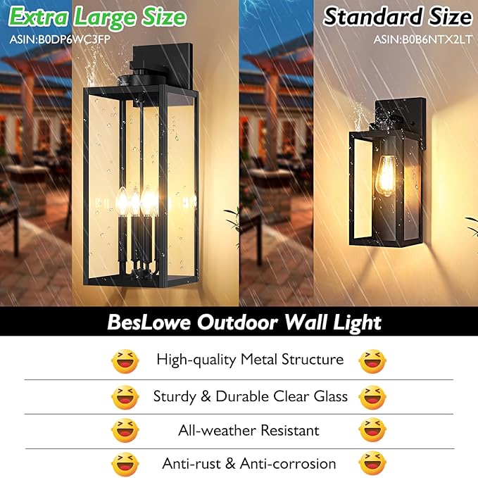 BesLowe 23.9" Extra Large Size Outdoor Wall Light Fixture, Exterior Lighting Fixture Porch Sconce Wall Mounted, Waterproof Outdoor Wall Lantern, Outside Light for House Patio Front Door Garage, Black